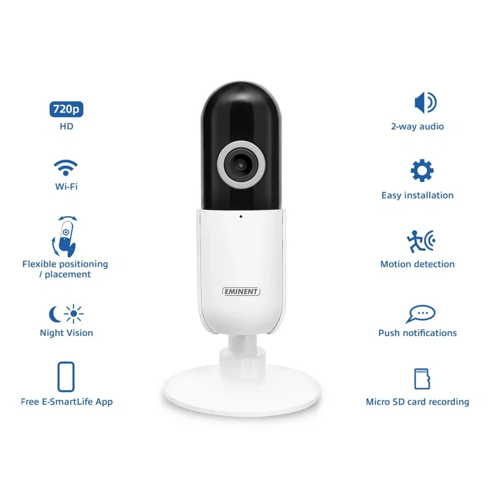 Eminent EM6400 Cámara de Seguridad IP Wi-Fi Interior HD 720p con Visión Nocturna, Detección de Movimiento, Grabación en MicroSD y Audio Bidireccional, Color Blanco