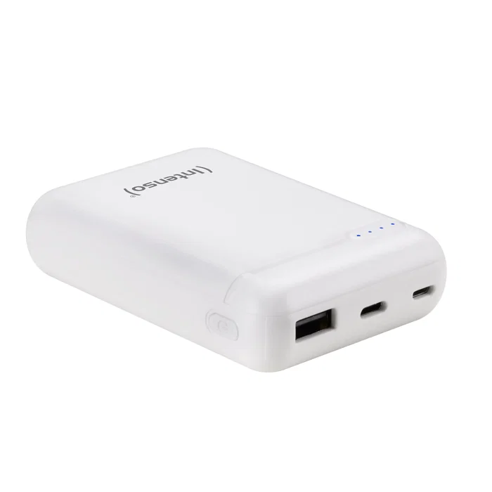 Intenso XS10000 Power Bank 10000 mAh Portátil con Pantalla LED, USB-C y Cable Incluido, Color Blanco Slim