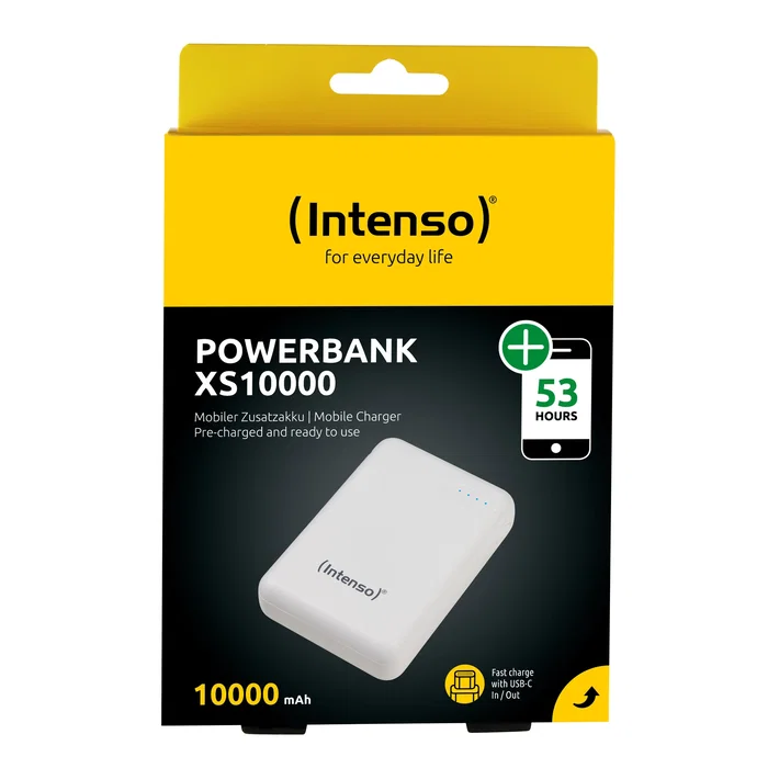 Intenso XS10000 Power Bank 10000 mAh Portátil con Pantalla LED, USB-C y Cable Incluido, Color Blanco Slim