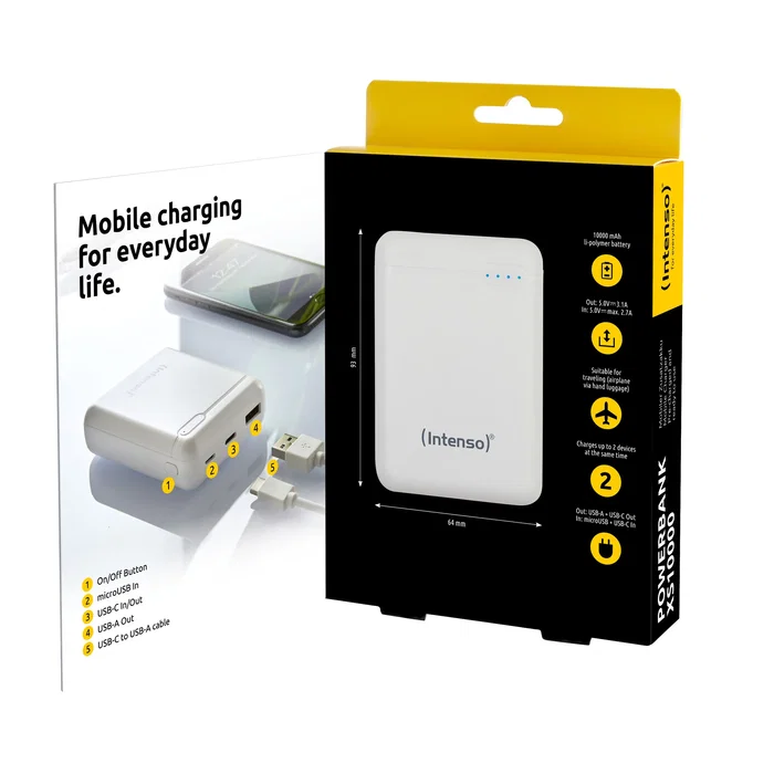 Intenso XS10000 Power Bank 10000 mAh Portátil con Pantalla LED, USB-C y Cable Incluido, Color Blanco Slim