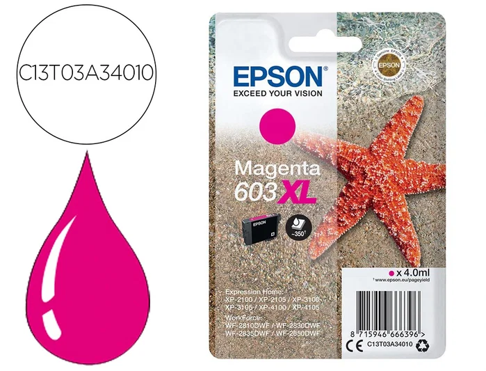 Epson Cartucho de Tinta Magenta 603XL C13T03A34010 Alto Rendimiento (XL) de 4 ml Epson Cartucho de Tinta Magenta 603XL C13T03A34010 Alto Rendimiento (XL) de 4 ml