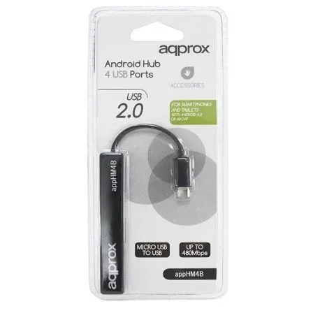 Approx Hub OTG Android 4 Puertos USB 2.0 - Adaptador de Micro USB a USB Negro