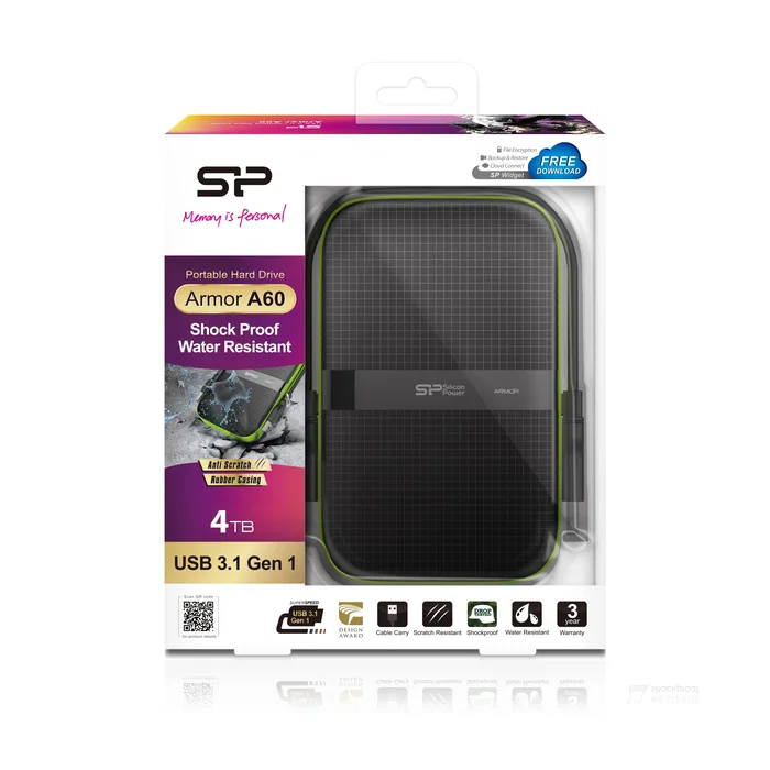 Silicon Power Disco Duro Externo Armor A60 4TB HDD 2.5" Resistente a Golpes y Agua USB 3.2 Gen 1 (3.1 Gen 1) Micro-USB B Negro y Verde