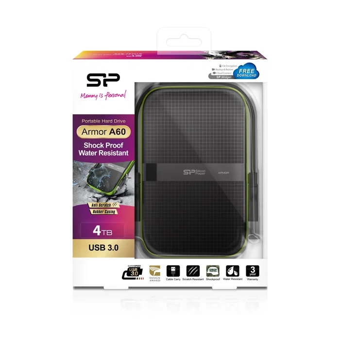 Silicon Power Disco Duro Externo Armor A60 4TB HDD 2.5" Resistente a Golpes y Agua USB 3.2 Gen 1 (3.1 Gen 1) Micro-USB B Negro y Verde