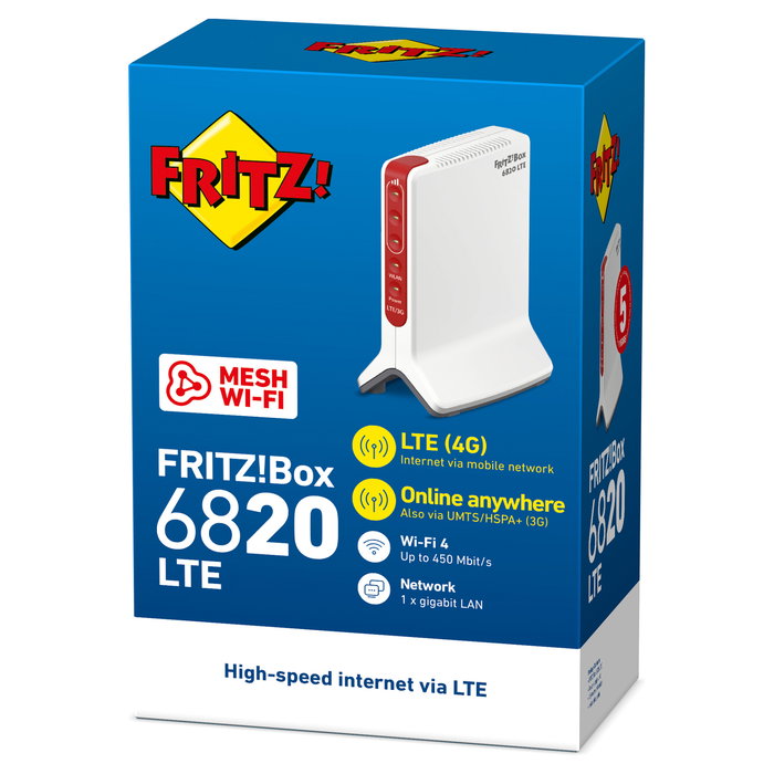 AVM FRITZ!Box 6820 LTE V3 - Router inalámbrico de sobremesa Wi-Fi 4 (802.11n) 2.4 GHz, 4G LTE, 1 puerto Gigabit Ethernet, color rojo y blanco