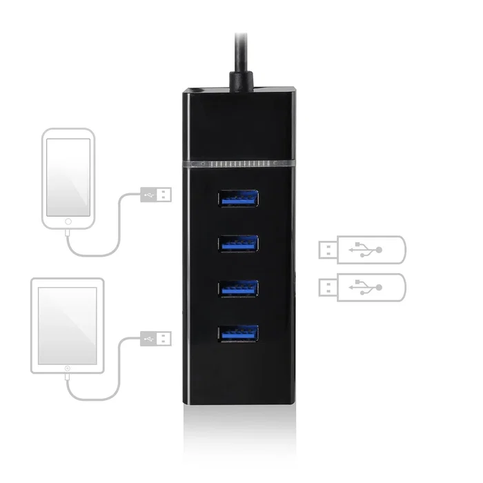 Ewent EW1137 Hub USB-C 4 Puertos USB 3.2 Gen1 (USB 3.0) para conectar periféricos USB Type-A a tu portátil