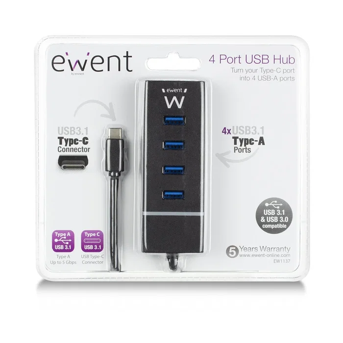 Ewent EW1137 Hub USB-C 4 Puertos USB 3.2 Gen1 (USB 3.0) para conectar periféricos USB Type-A a tu portátil