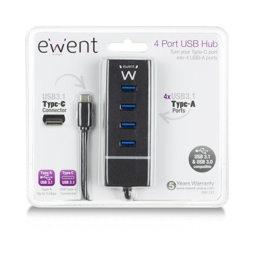 Ewent EW1137 Hub USB Tipo C con 4 Puertos USB 3.2 Gen 1, Negro