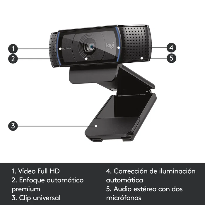 Logitech C920 Pro HD Webcam Cámara Web USB 1080p Full HD para Videoconferencias, Enfoque Automático, 2 Micrófonos Estéreo, 78°, Negro, Ref. 960-001055
