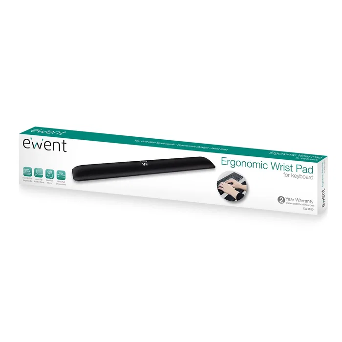 Ewent EW3180 Almohadilla Ergonómica para Muñecas - Antideslizante, Extraancha, para Teclado Completo - Negro