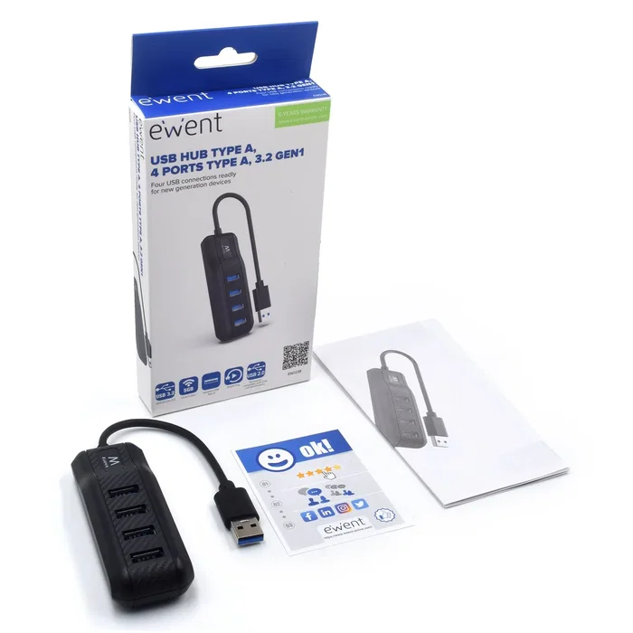 Ewent EW1138 Hub USB 3.0 (3.1 Gen 1) de 4 Puertos, Tipo A, Hasta 5 Gbps, Transferencia de Datos Rápida, Color Negro, para Ordenador y Portátil