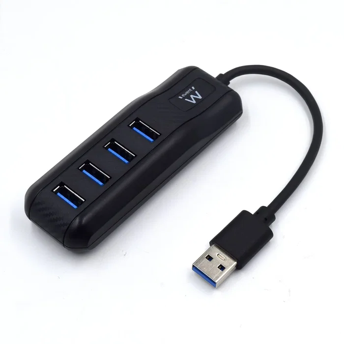 Ewent EW1138 Hub USB 3.0 (3.1 Gen 1) de 4 Puertos, Tipo A, Hasta 5 Gbps, Transferencia de Datos Rápida, Color Negro, para Ordenador y Portátil
