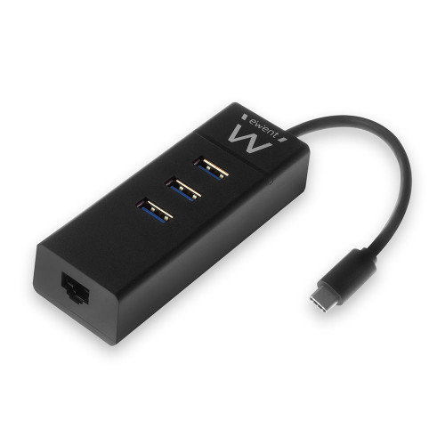 Ewent EW1141 Hub USB Tipo C con 3 Puertos USB 3.1 y Gigabit LAN Negro