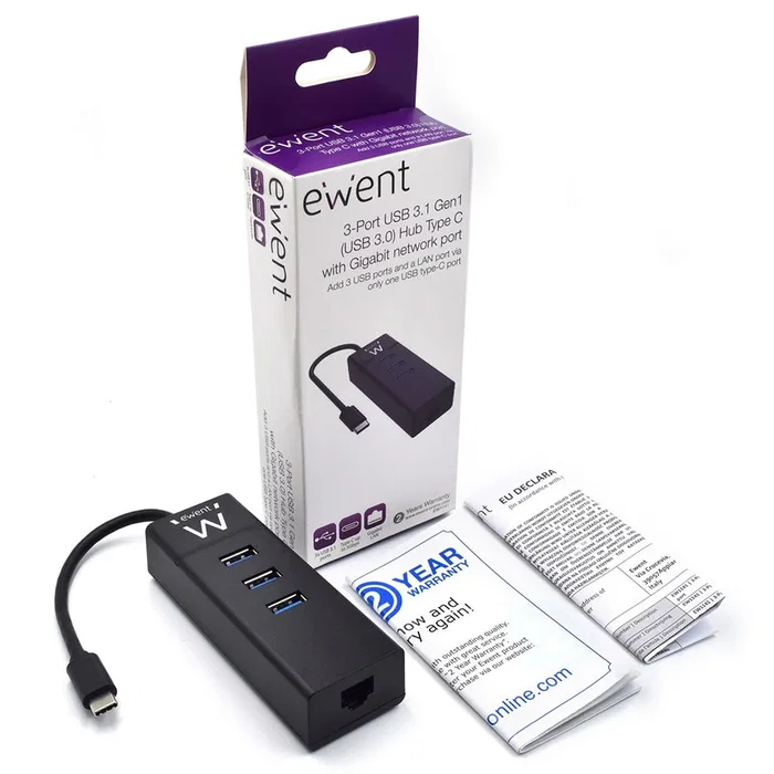 Ewent EW1141 Hub USB Type-C - Base/Replicador de Puertos con 3x USB 3.2 Gen 1, 1x Puerto Gigabit RJ-45 Ethernet, Color Negro, Plug & Play