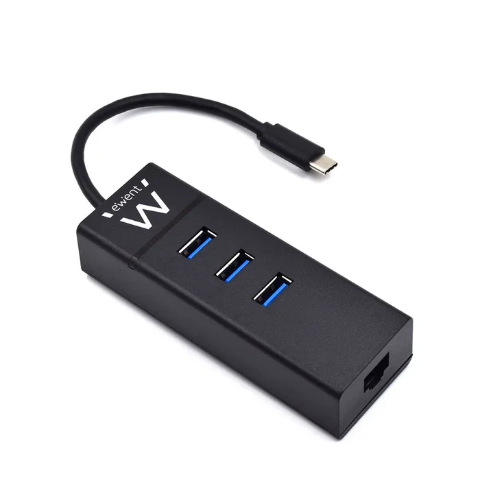 Ewent EW1141 Hub USB Type-C - Base/Replicador de Puertos con 3x USB 3.2 Gen 1, 1x Puerto Gigabit RJ-45 Ethernet, Color Negro, Plug & Play
