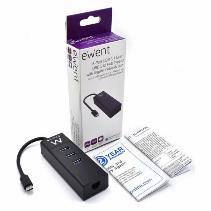 Ewent EW1141 Hub USB Tipo C con 3 Puertos USB 3.1 y Gigabit LAN Negro