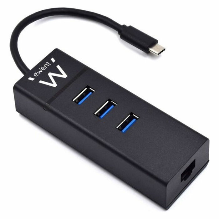 Ewent EW1141 Hub USB Tipo C con 3 Puertos USB 3.1 y Gigabit LAN Negro