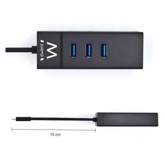 Ewent EW1141 Hub USB Tipo C con 3 Puertos USB 3.1 y Gigabit LAN Negro