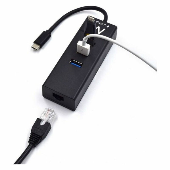 Ewent EW1141 Hub USB Tipo C con 3 Puertos USB 3.1 y Gigabit LAN Negro