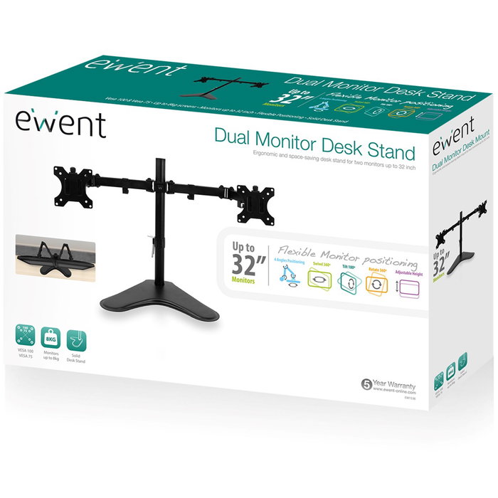 Ewent EW1536 Soporte para 2 Monitores de hasta 32 Pulgadas VESA 75x75/100x100, Negro