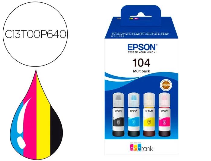 Epson Multipack de Tinta EcoTank 104 (C13T00P640) - Negro, Cian, Magenta, Amarillo Epson Multipack de Tinta EcoTank 104 (C13T00P640) - Negro, Cian, Magenta, Amarillo