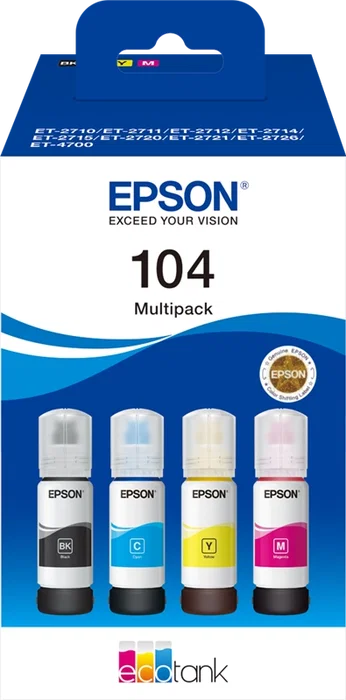 Epson Multipack de Tinta EcoTank 104 (C13T00P640) - Negro, Cian, Magenta, Amarillo Epson Multipack de Tinta EcoTank 104 (C13T00P640) - Negro, Cian, Magenta, Amarillo