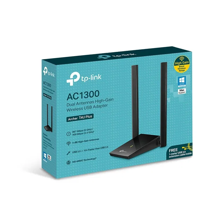 TP-Link Archer T4U Plus Adaptador WiFi USB 3.0 AC1300 Dual Band con Antenas de Alta Ganancia 5 dBi para PC, MU-MIMO, Negro
