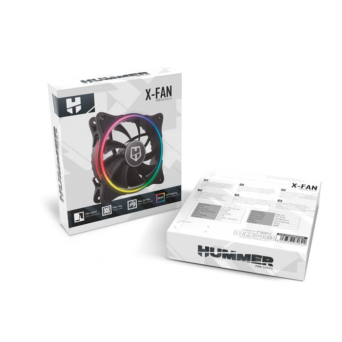 Nox Hummer X-Fan 120 mm Ventilador de Caja ARGB con Anillos LED, Ultra Silencioso con Pads de Goma Antivibración, Gran Flujo de Aire, Compatible con Chasis Hummer e Infinity