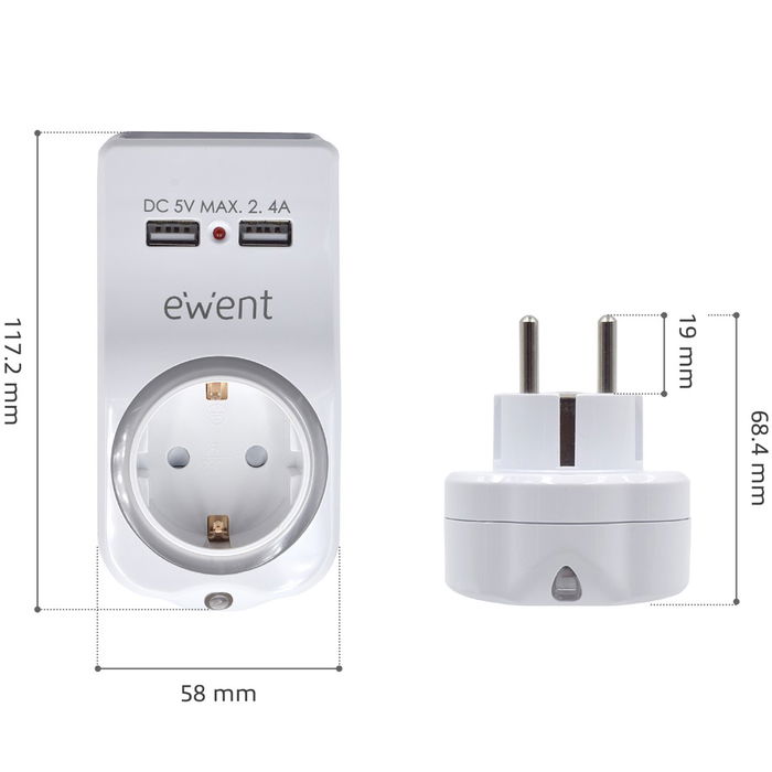 Ewent EW1225 Cargador USB 4 en 1 2.4A con Soporte para Teléfono y Luz Nocturna