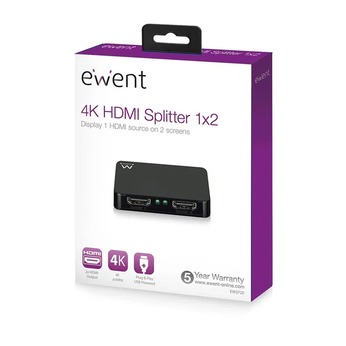 Ewent EW3720 Divisor HDMI Activo 1 Entrada a 2 Salidas, 4K Ultra HD a 30Hz, 3D 1080p, Compatible HDMI 1.4, HDCP 1.4, Alimentación por USB