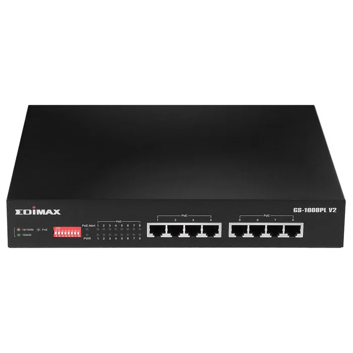 Edimax GS-1008PL V2 Switch Gestionado L2, Gigabit Ethernet 8 Puertos, PoE+ (Alimentación 70W), Montaje en Rack 1U, Negro