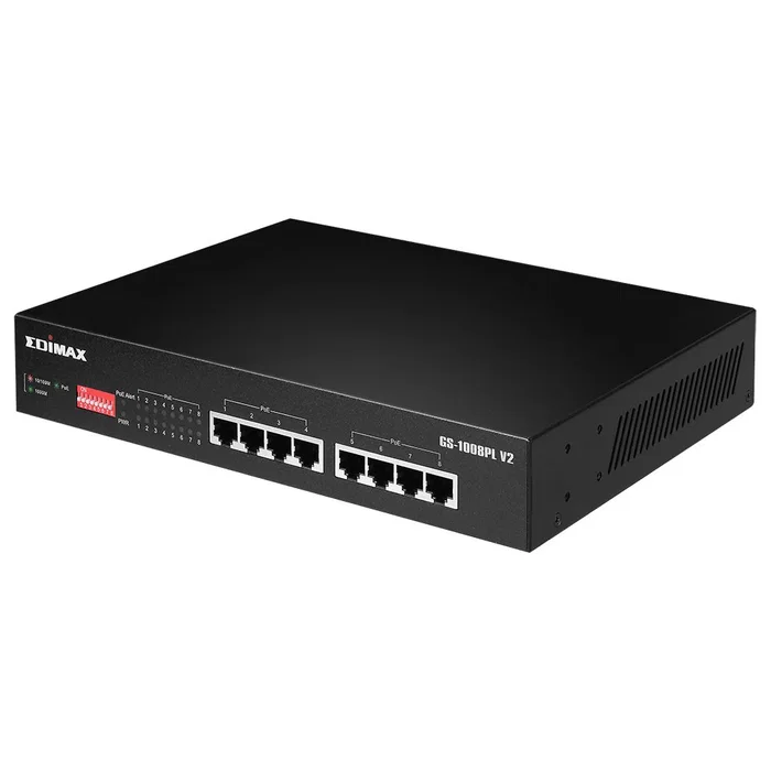 Edimax GS-1008PL V2 Switch Gestionado L2, Gigabit Ethernet 8 Puertos, PoE+ (Alimentación 70W), Montaje en Rack 1U, Negro