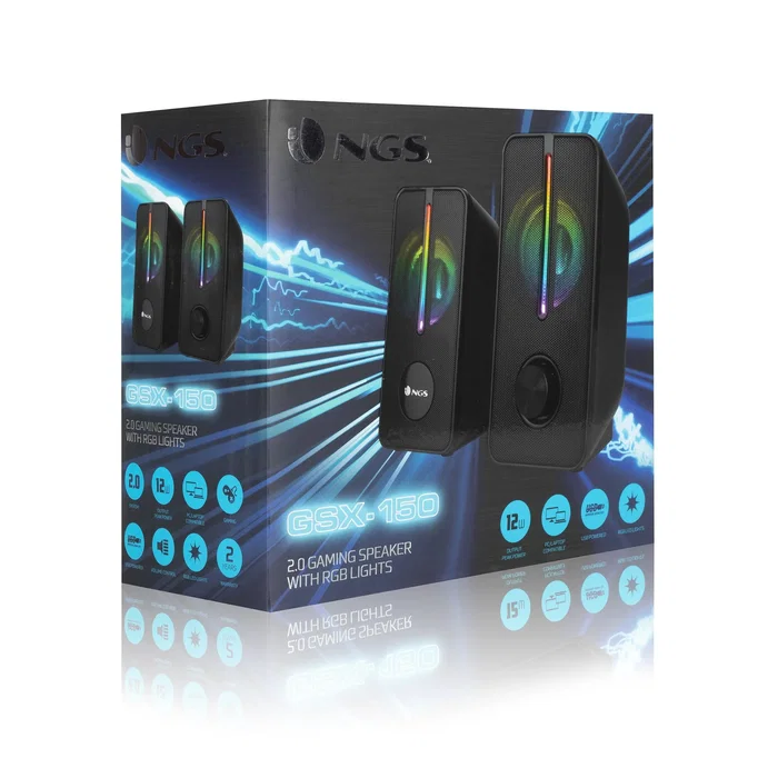 NGS GSX-150 Altavoces Gaming con Iluminación LED RGB 12W, Estéreo 2.0, Conexión USB y Audio 3.5mm, Diseño Compacto Negro
