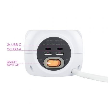 Nano Cable Regleta 10.37.0001 con 3 Tomas de Corriente y 4 Puertos USB (2 USB-A + 2 USB-C), Cable 1.4m, Blanca