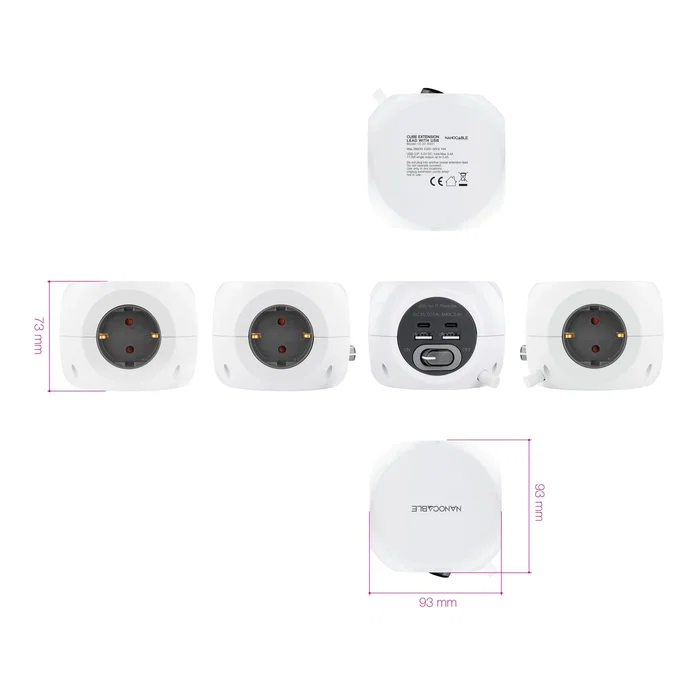 Nanocable 10.37.0001 - Base de 3 Enchufes Tipo F con Interruptor, 2 Puertos USB-A y 2 USB-C (3.4A Máx.), Cable de 1.4 Metros, Color Blanco