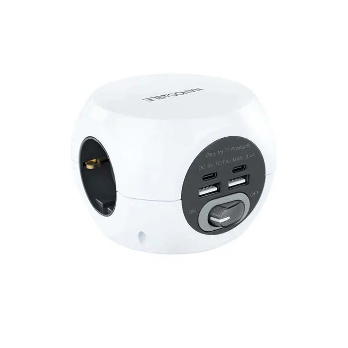 Nanocable 10.37.0001 - Base de 3 Enchufes Tipo F con Interruptor, 2 Puertos USB-A y 2 USB-C (3.4A Máx.), Cable de 1.4 Metros, Color Blanco
