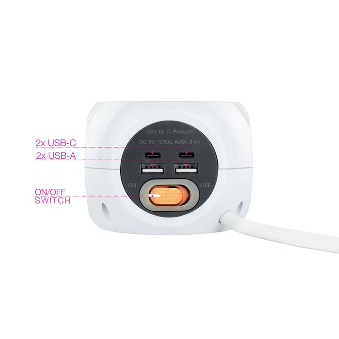 Nanocable 10.37.0001 - Base de 3 Enchufes Tipo F con Interruptor, 2 Puertos USB-A y 2 USB-C (3.4A Máx.), Cable de 1.4 Metros, Color Blanco