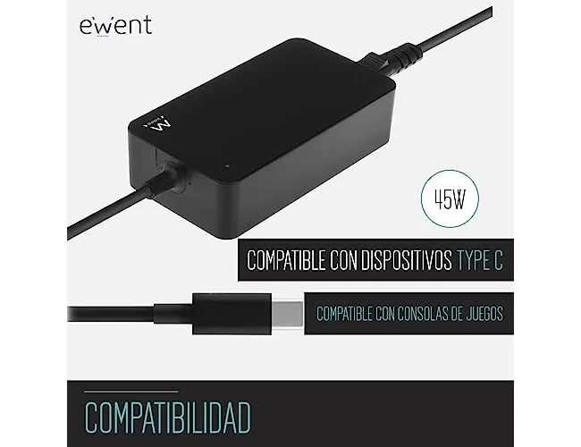 Ewent EW3981 Cargador USB-C 45 W para Portátil Negro