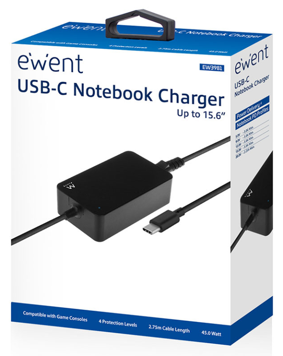 Ewent EW3981 Cargador USB-C 45 W para Portátil Negro