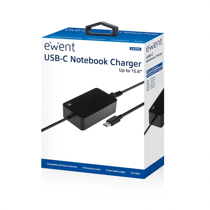 Ewent EW3981 Cargador USB-C 45 W para Portátil Negro