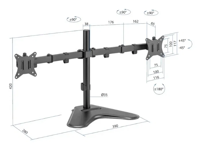 Iggual SSM02 (IGG317129) Soporte Sobremesa Ajustable para 2 Monitores de 13 a 32 pulgadas, VESA 75x75/100x100 mm, Negro, Ergonomía Completa