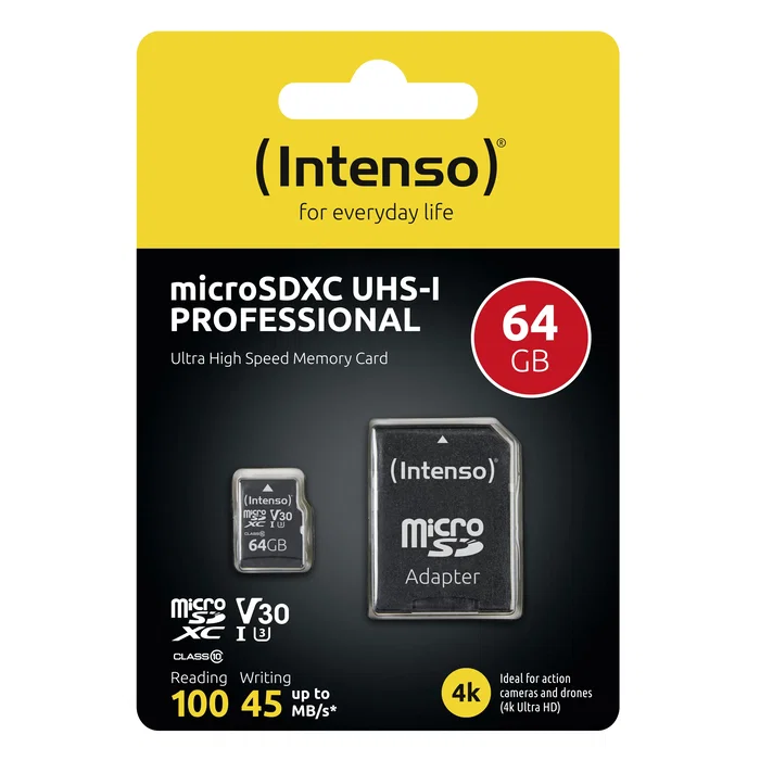 Intenso 3433490 Tarjeta de Memoria MicroSDXC 64GB, Clase 10, UHS-I U3/V30, Lectura 100 MB/s, Resistente (Agua, Golpes, Rayos X), con Adaptador SD