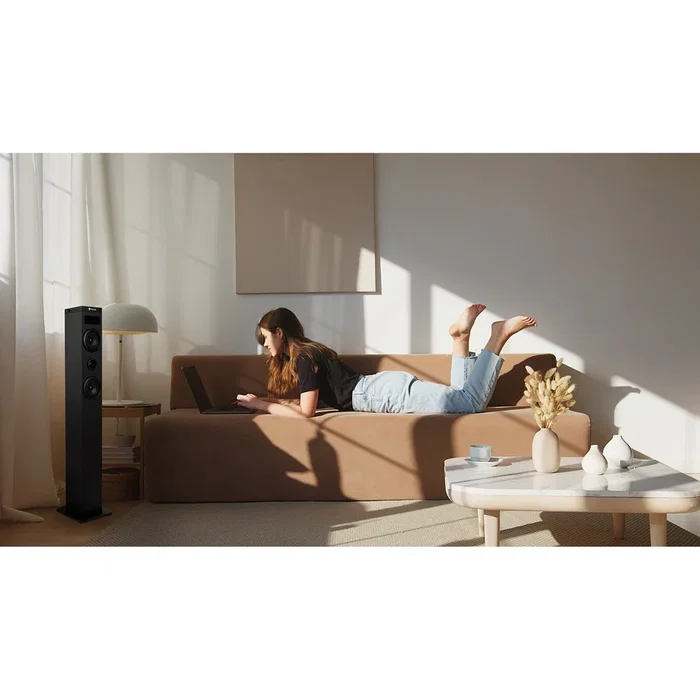 NGS Torre de Sonido Sky Charm 2.1 con Bluetooth, 80W, USB, Radio FM, Entrada Óptica y AUX, Control Remoto, 3 Altavoces, Negro