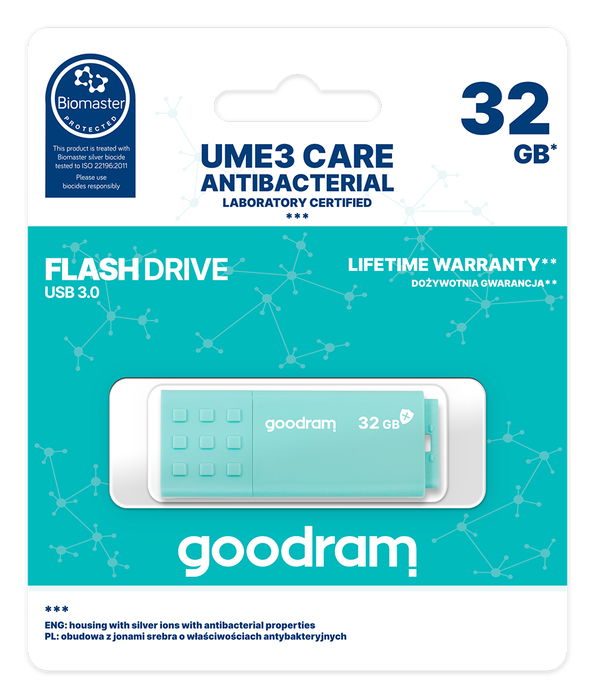Goodram UME3 CARE 32GB USB 3.0 Memoria Flash Unidad USB con Propiedades Antibacterianas, Plata, Hasta 60 MB/s Lectura, Modelo UME3-0320CRR11