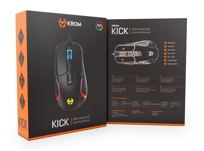 Krom Kick Ratón Gaming RGB para Diestro, Sensor Óptico PixArt 3327 de 12000 DPI, 7 Botones Programables, Cable USB de 1.5m, Iluminación LED Personalizable, Negro