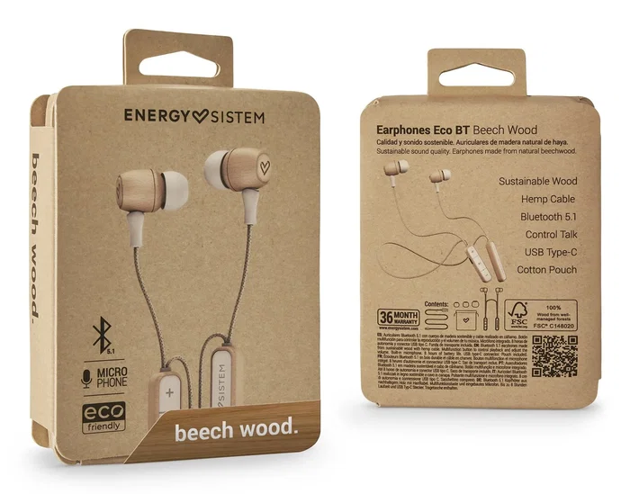 Energy Sistem Auriculares Eco BT Auriculares Inalámbricos Intrauditivos Bluetooth 5.1 con Control de Llamadas, Carcasa de Madera y Cáñamo, Hasta 20 m de Alcance