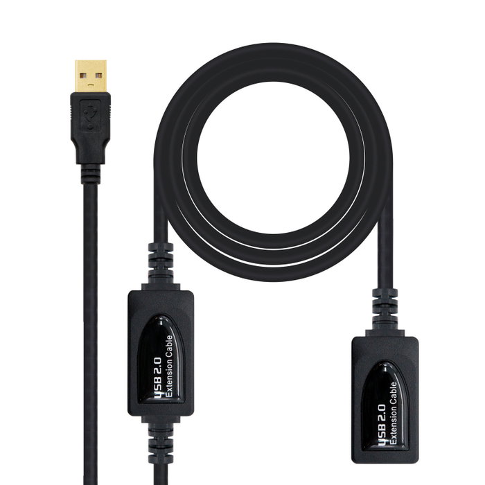 NANOCABLE CABLE USB 2.0 PROLONGADOR CON AMPLIFICADOR, TIPO A/M-A/H, 10 M, 10 m, USB A, USB A, USB 2.0, Macho/Hembra, Negro