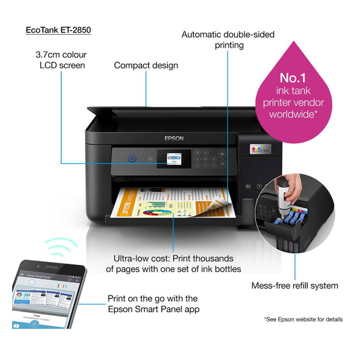 Epson EcoTank ET-2850 Impresora Multifunción 3en1 A4 Wi-Fi Dúplex Epson EcoTank ET-2850 Impresora Multifunción 3en1 A4 Wi-Fi Dúplex