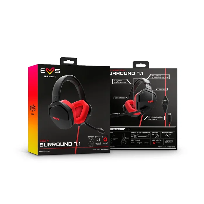 Energy Sistem Auriculares Gaming Diadema Alámbrico USB ESG 4 Virtual 7.1 Surround Black/Red, Boom Mic, Compatible con PC Windows, PS4/PS5, Nintendo Switch