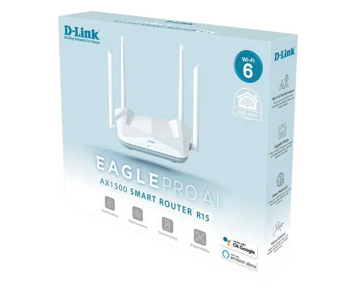 D-Link R15 Eagle Pro AI Router Inalámbrico WiFi 6 AX1500 (1500 Mbps) Doble Banda 2.4GHz/5GHz, 4 Antenas Externas, 3 Puertos Gigabit Ethernet, MU-MIMO, Color Blanco